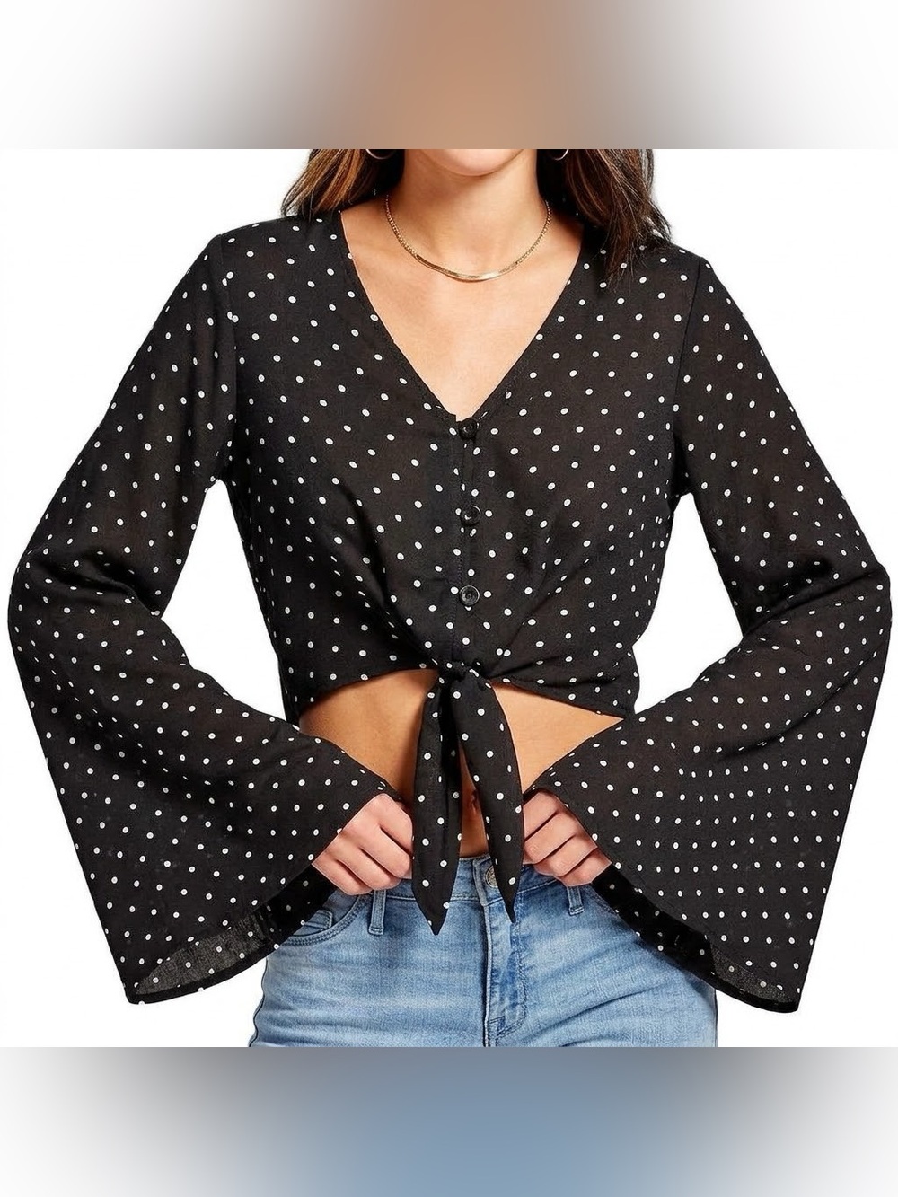 Polka Dot Crop Top Long Sleeve Blouse